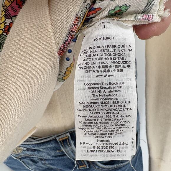 Tory Burch Silk Front Wool Cardigan Sweater Floral Peacock Cream Button-up READ - Picture 12 of 16